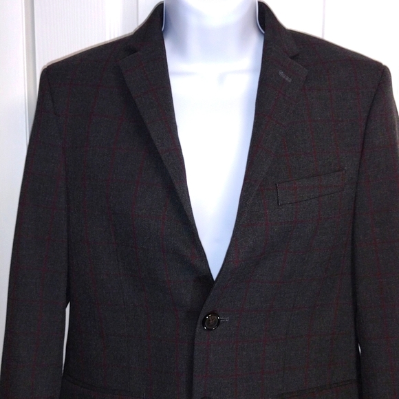 Ralph Lauren Blazer Jacket 14R Stretch 2 Buttons Gray with Burgundy Lines - Picture 2 of 11